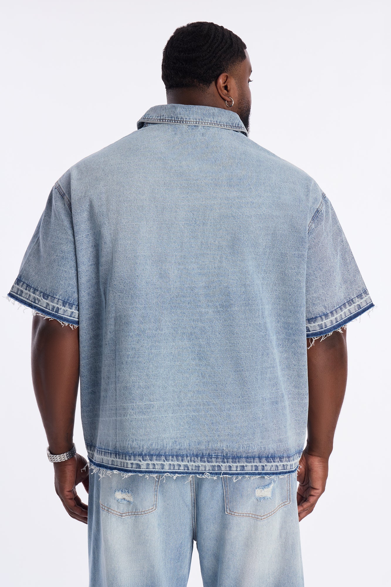 Relaxed Cropped Coastal Applique Denim Shirt - Light Blue Wash