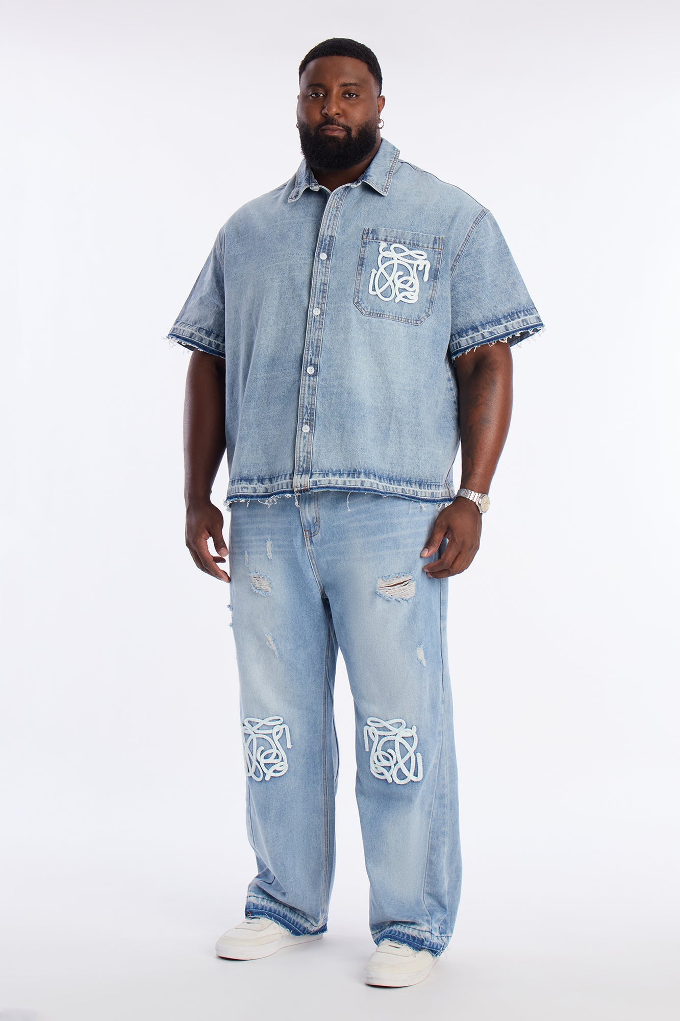 Baggy Coastal Applique Jean - Light Blue Wash