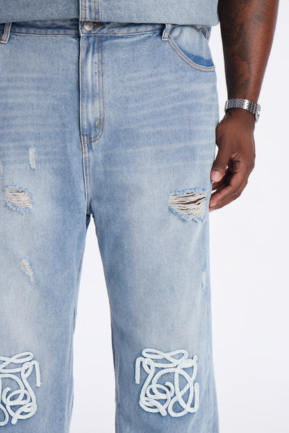 Baggy Coastal Applique Jean - Light Blue Wash
