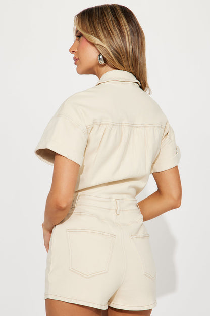 Talk To Me Denim Romper - Khaki