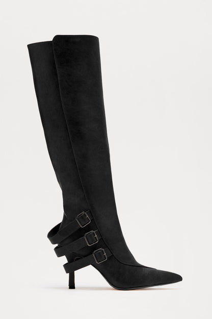Croix Buckle Knee High Boots - Black