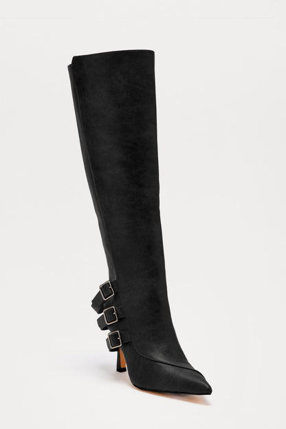 Croix Buckle Knee High Boots - Black