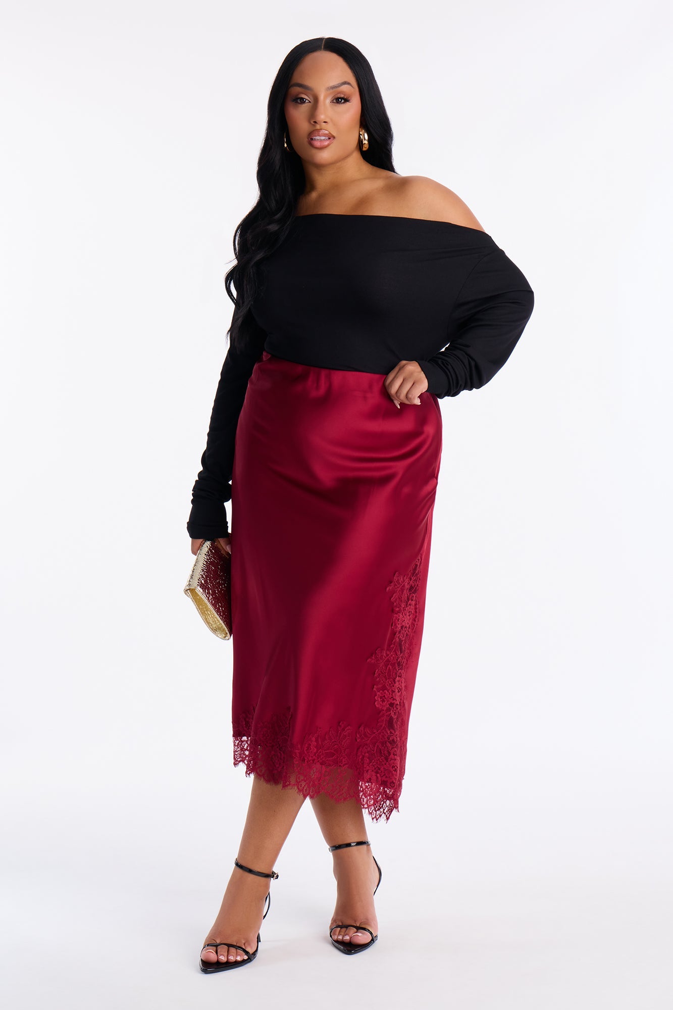 Feel The Love Lace Trim Satin Midi Skirt - Burgundy