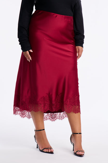 Feel The Love Lace Trim Satin Midi Skirt - Burgundy