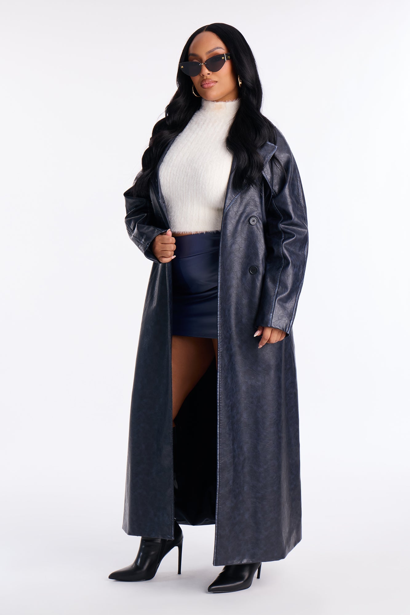 Inez Washed Faux Leather Coat - Blue