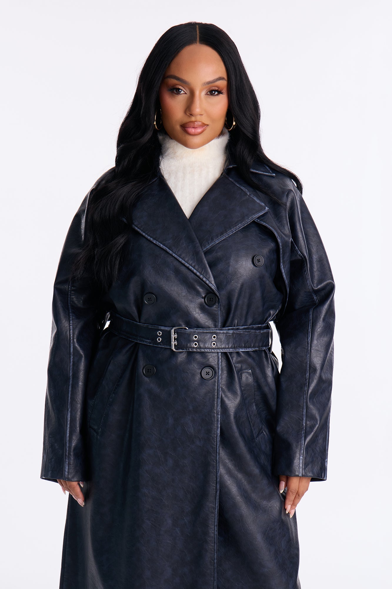 Inez Washed Faux Leather Coat - Blue