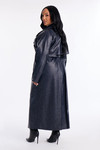 Inez Washed Faux Leather Coat - Blue
