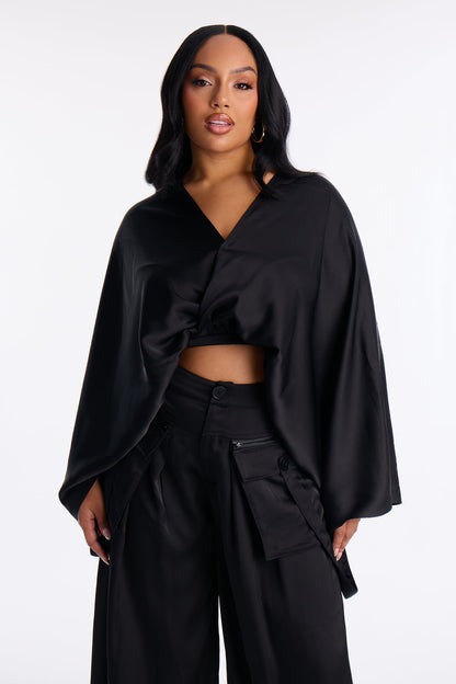 Farrah Satin Cargo Pant Set - Black
