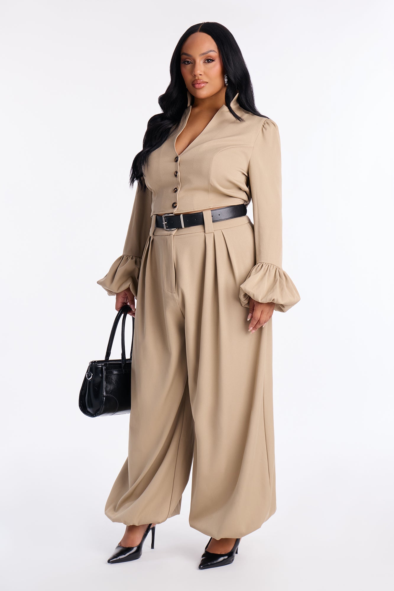 Sharp And Chic Balloon Pant Set - Taupe
