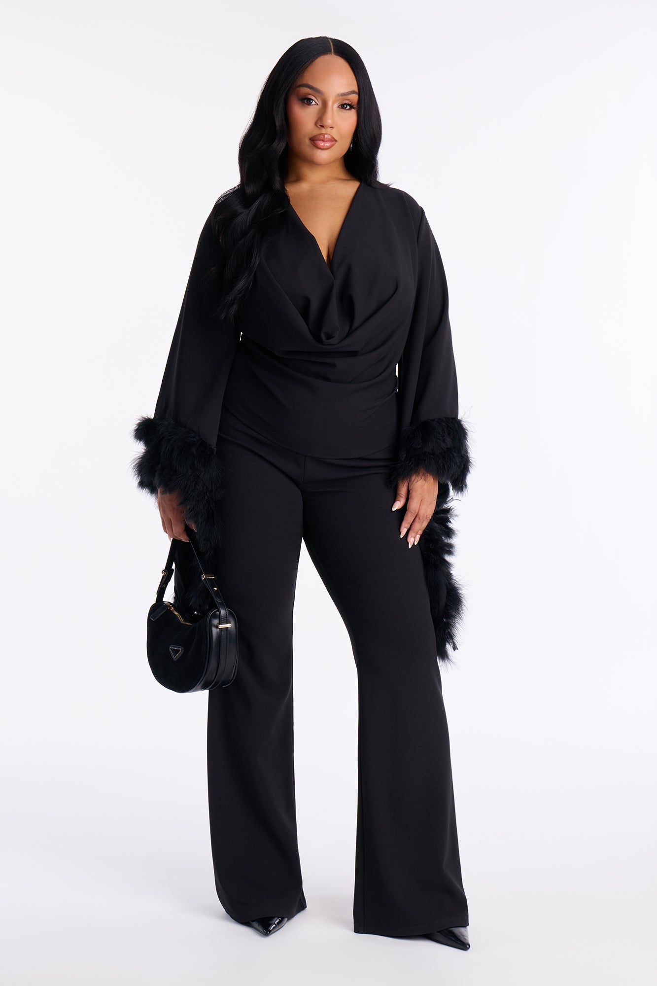 High Maintenance Drama Sleeve Feathered Pant Set - Black