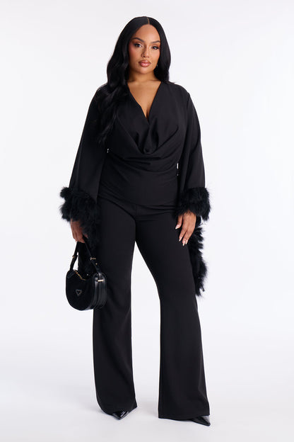 High Maintenance Drama Sleeve Feathered Pant Set - Black