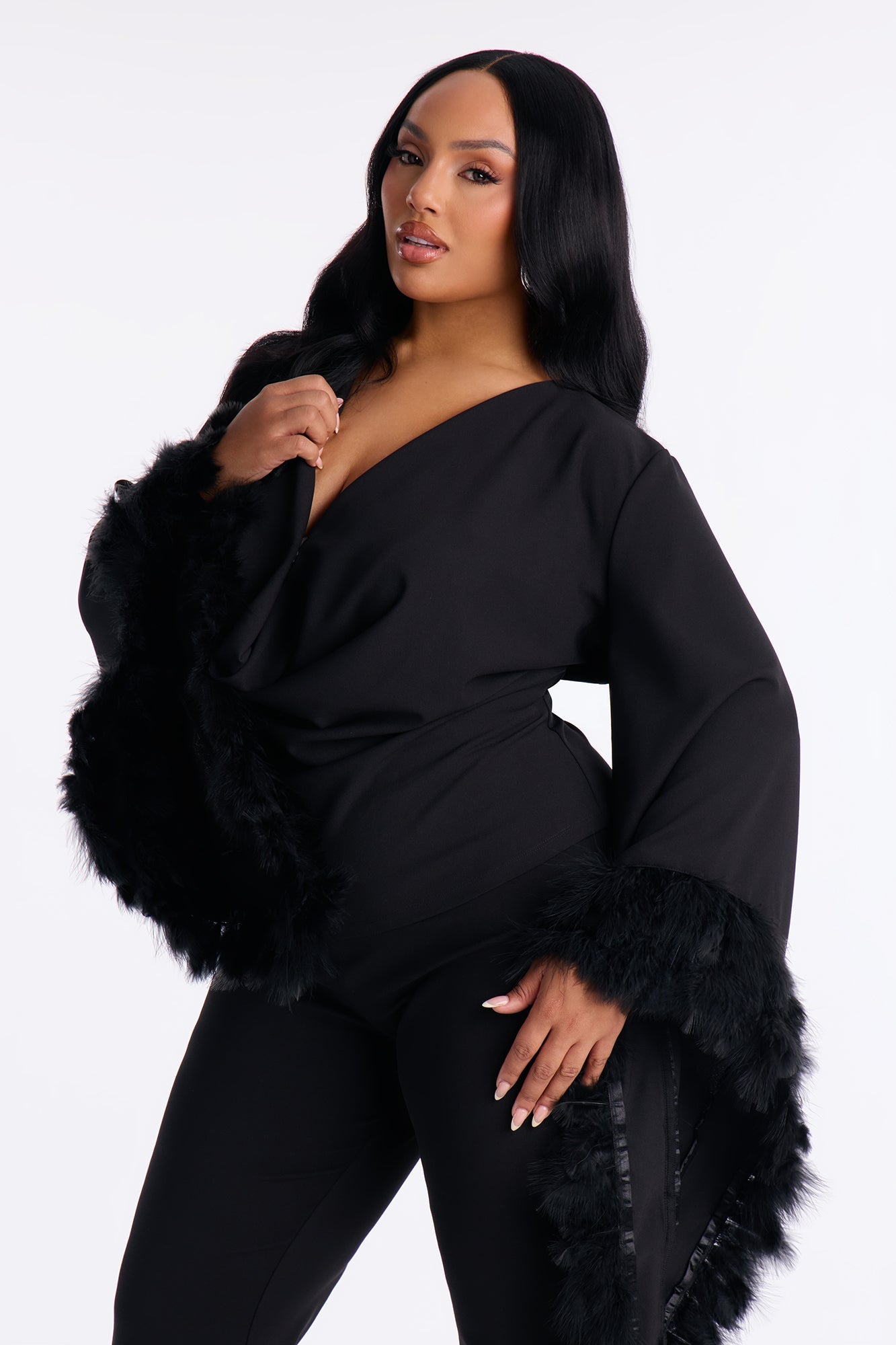 High Maintenance Drama Sleeve Feathered Pant Set - Black