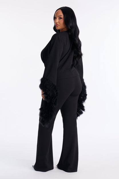 High Maintenance Drama Sleeve Feathered Pant Set - Black