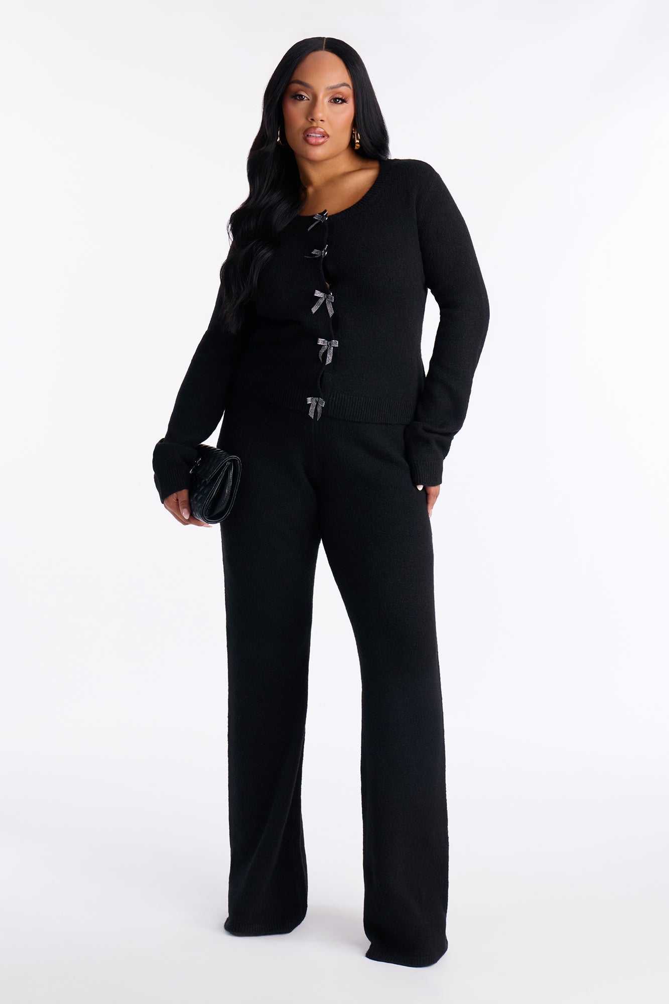 Carrie Embellished Bow Sweater Pant Set - Black