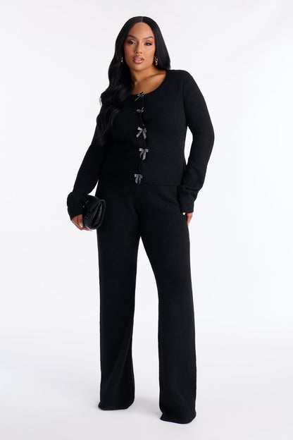 Carrie Embellished Bow Sweater Pant Set - Black