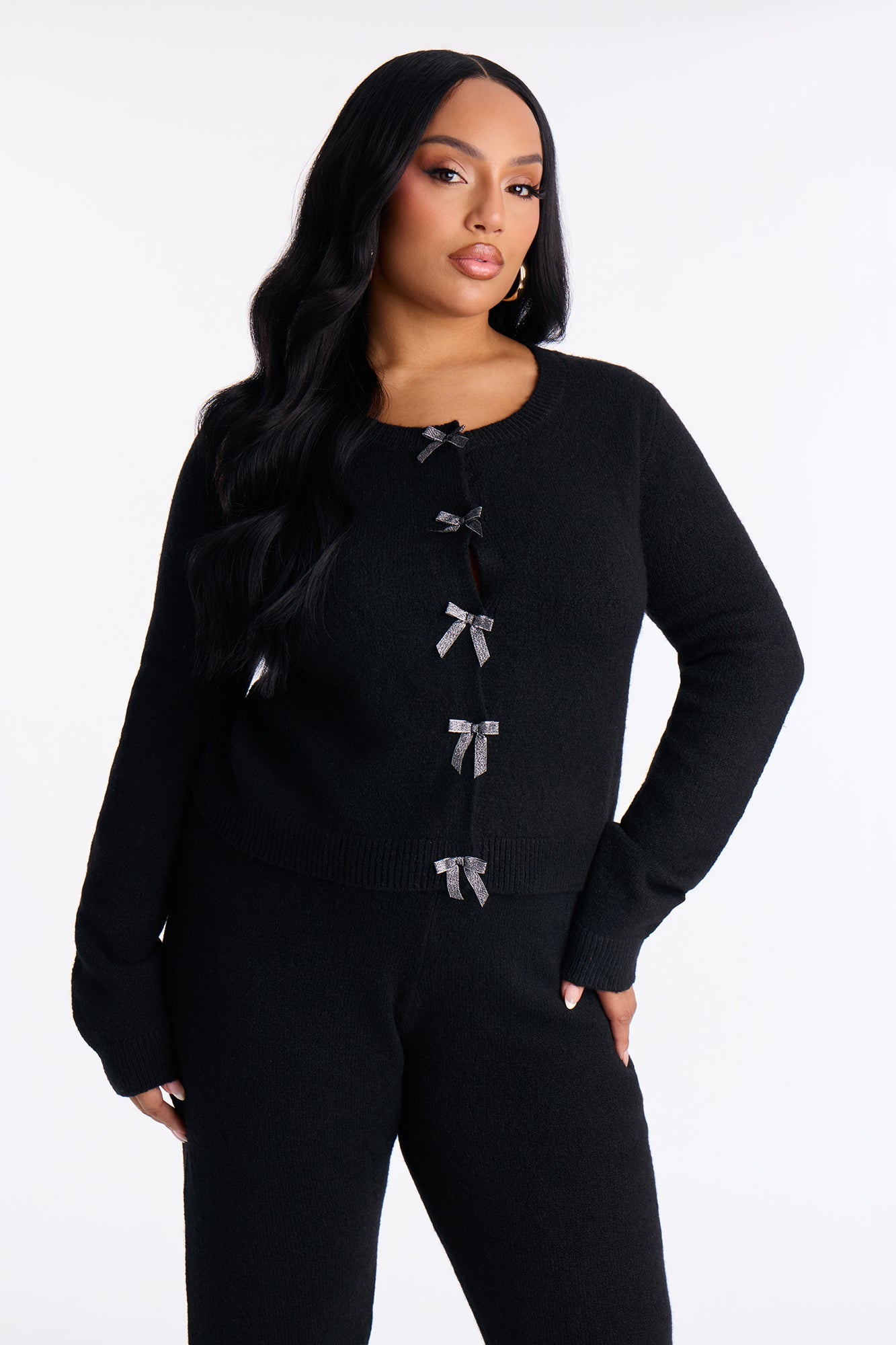 Carrie Embellished Bow Sweater Pant Set - Black