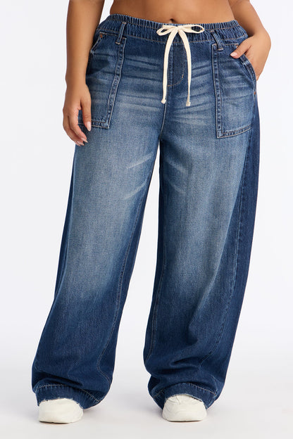 Ocean Ave Tie Waist Baggy Jeans - Dark Wash