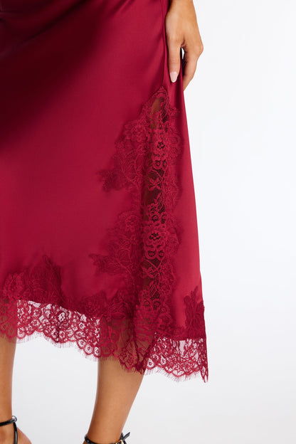 Feel The Love Lace Trim Satin Midi Skirt - Burgundy