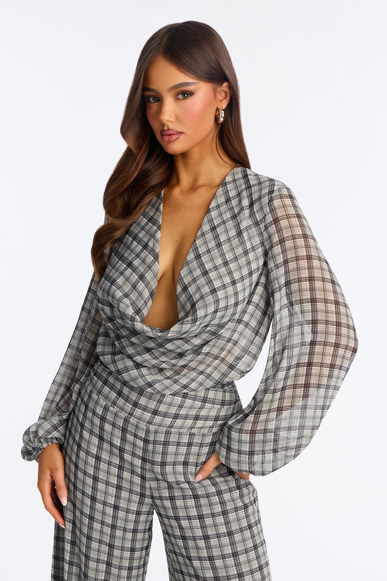 Karina Chiffon Plaid Wide Leg Jumpsuit - Grey