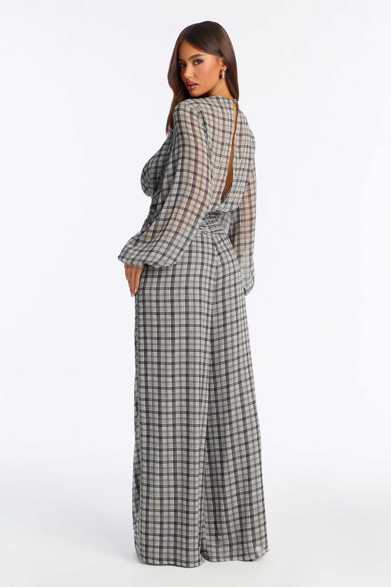 Karina Chiffon Plaid Wide Leg Jumpsuit - Grey