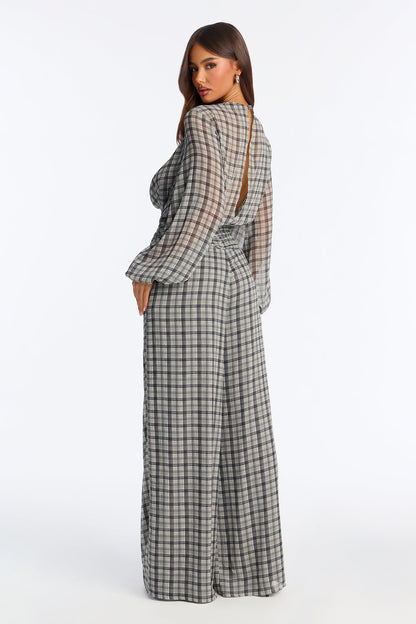 Karina Chiffon Plaid Wide Leg Jumpsuit - Grey
