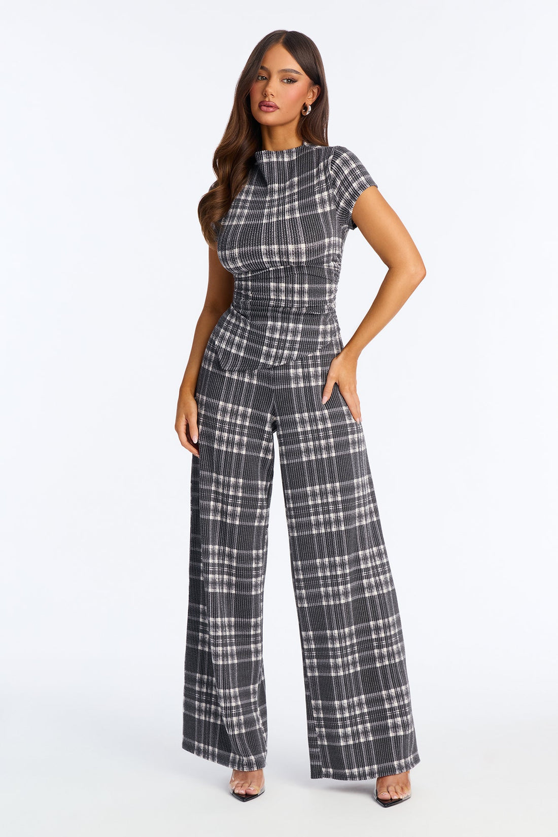 Monique Plaid Pant Set - Charcoal/combo