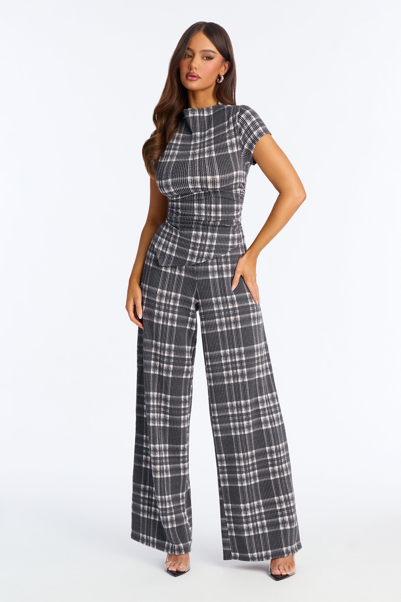 Monique Plaid Pant Set - Charcoal/combo