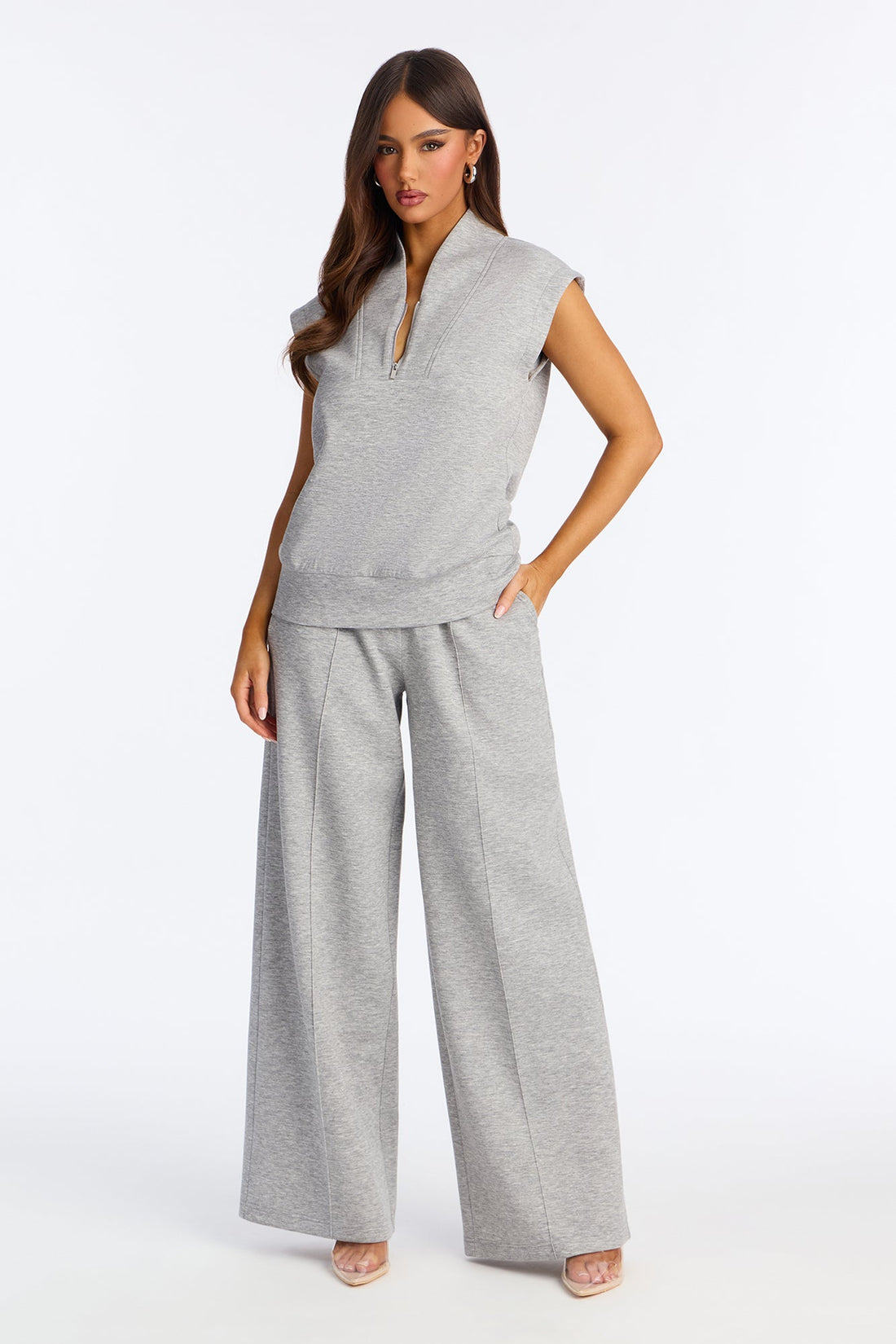 Shea Quarter Zip Sleeveless Pant Set - Heather Grey
