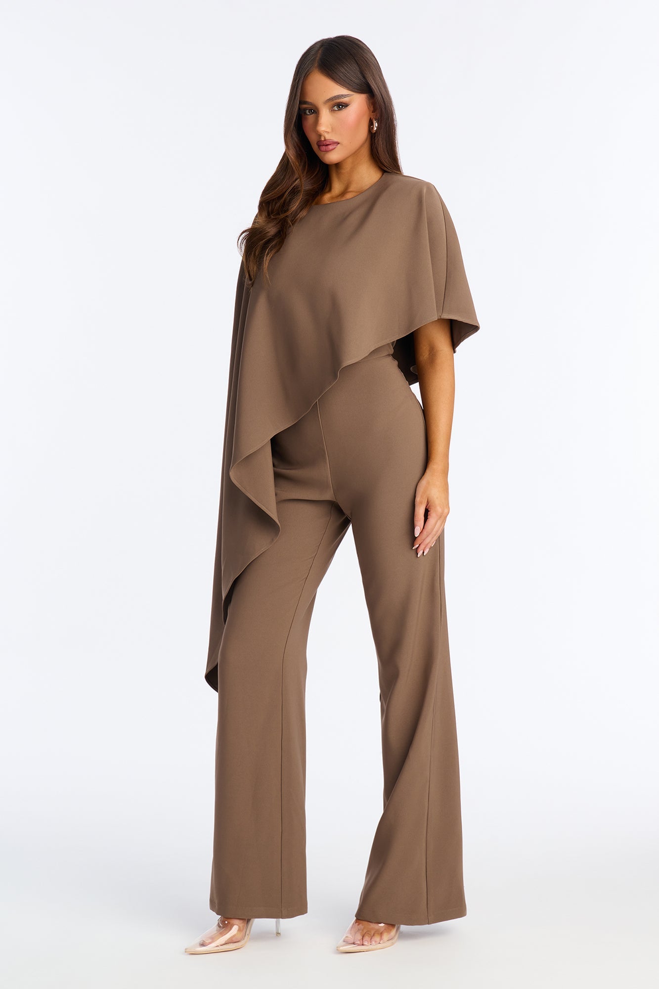 Working Woman Wide Leg Cape Sleeve Jumpsuit - Brown