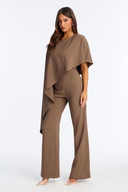 Working Woman Wide Leg Cape Sleeve Jumpsuit - Brown