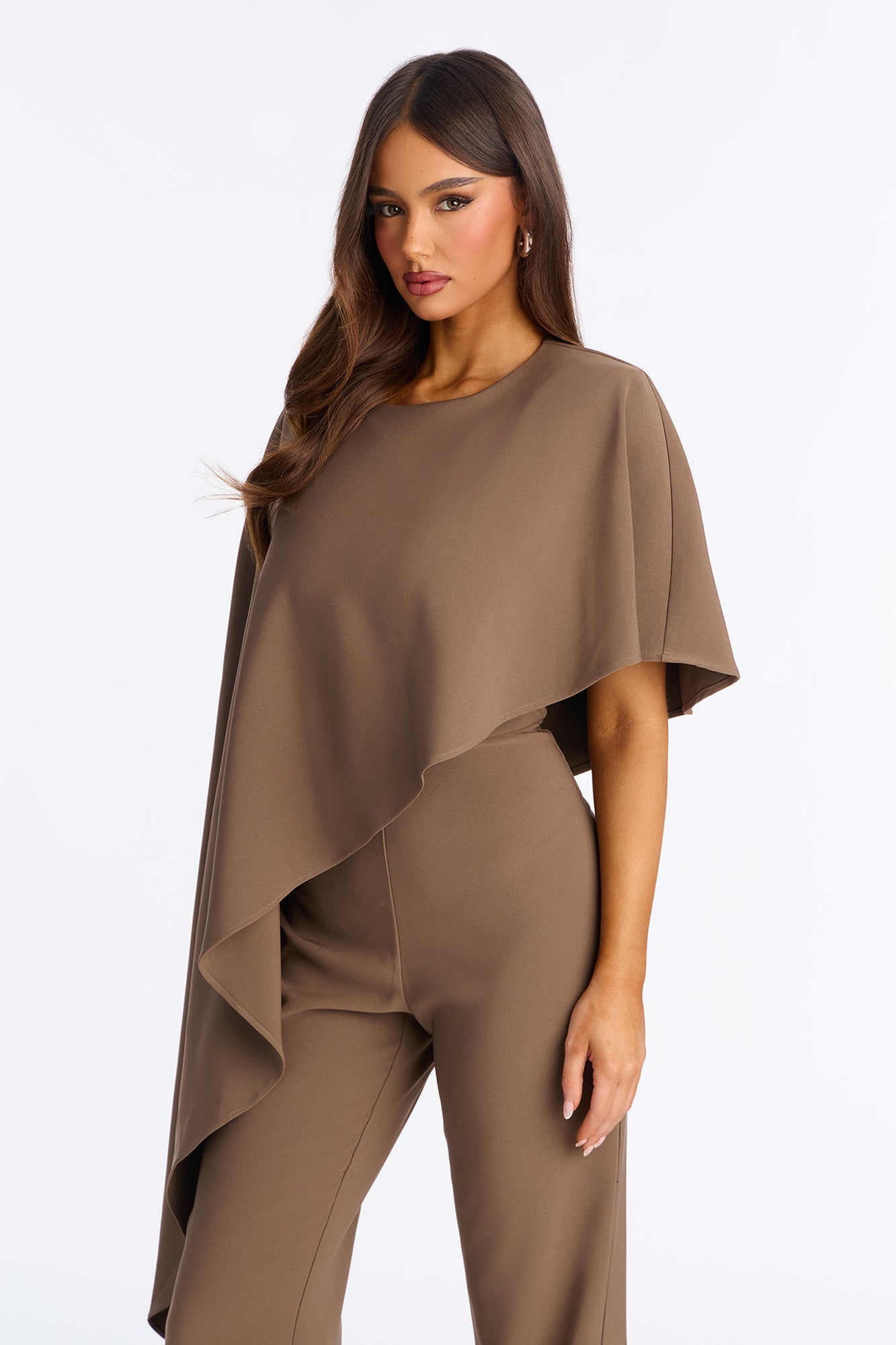 Working Woman Wide Leg Cape Sleeve Jumpsuit - Brown