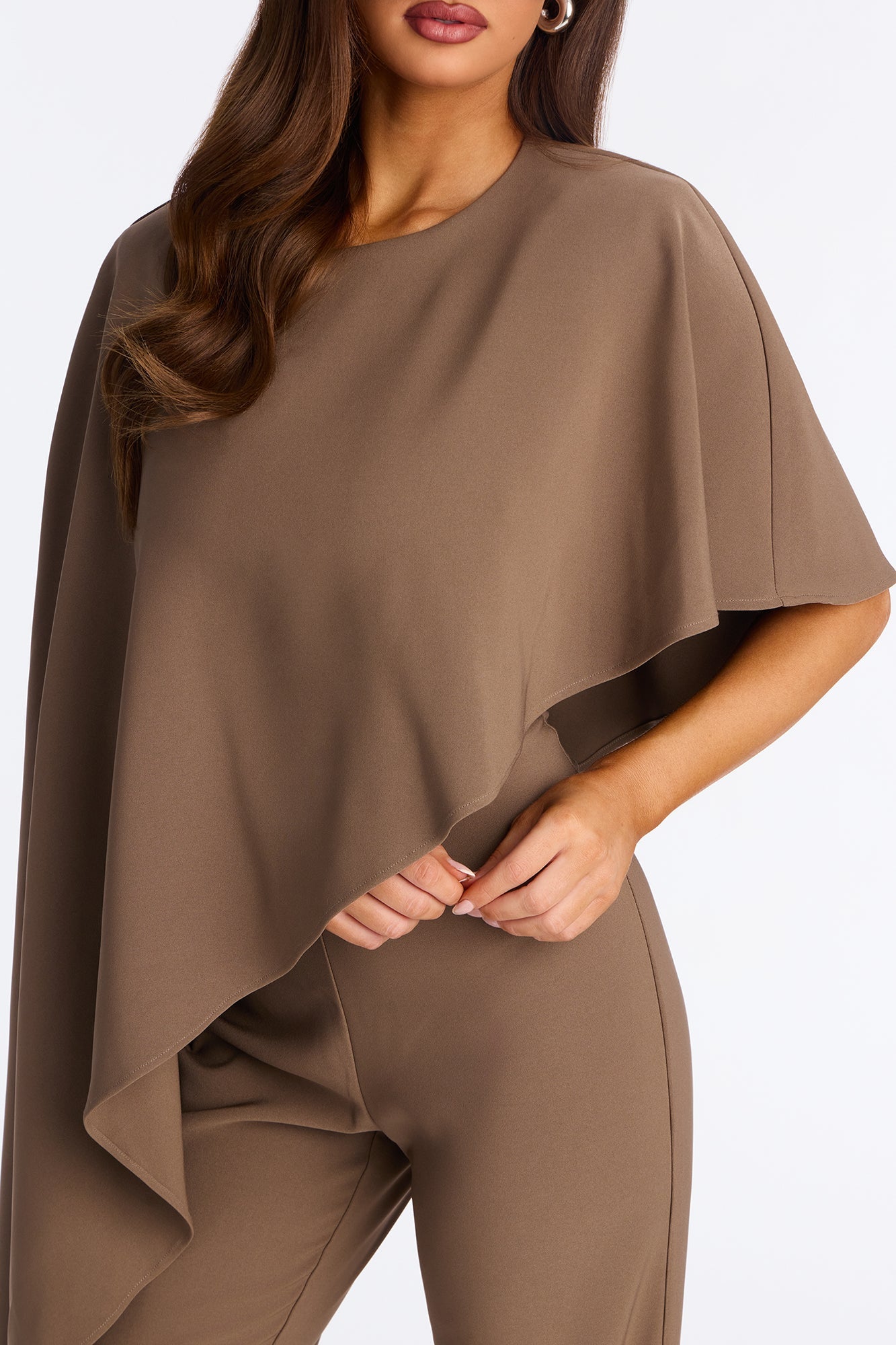 Working Woman Wide Leg Cape Sleeve Jumpsuit - Brown
