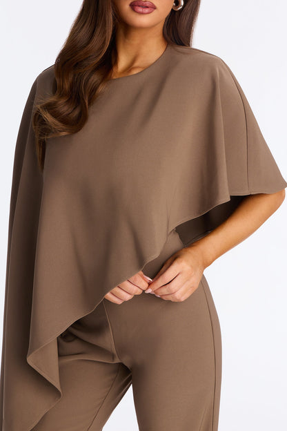 Working Woman Wide Leg Cape Sleeve Jumpsuit - Brown