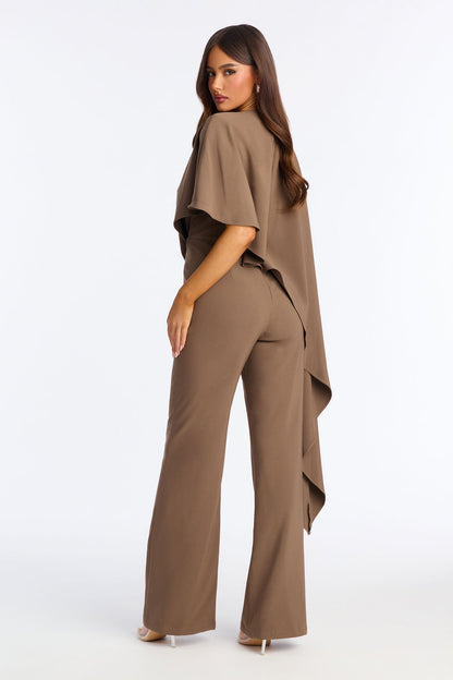 Working Woman Wide Leg Cape Sleeve Jumpsuit - Brown
