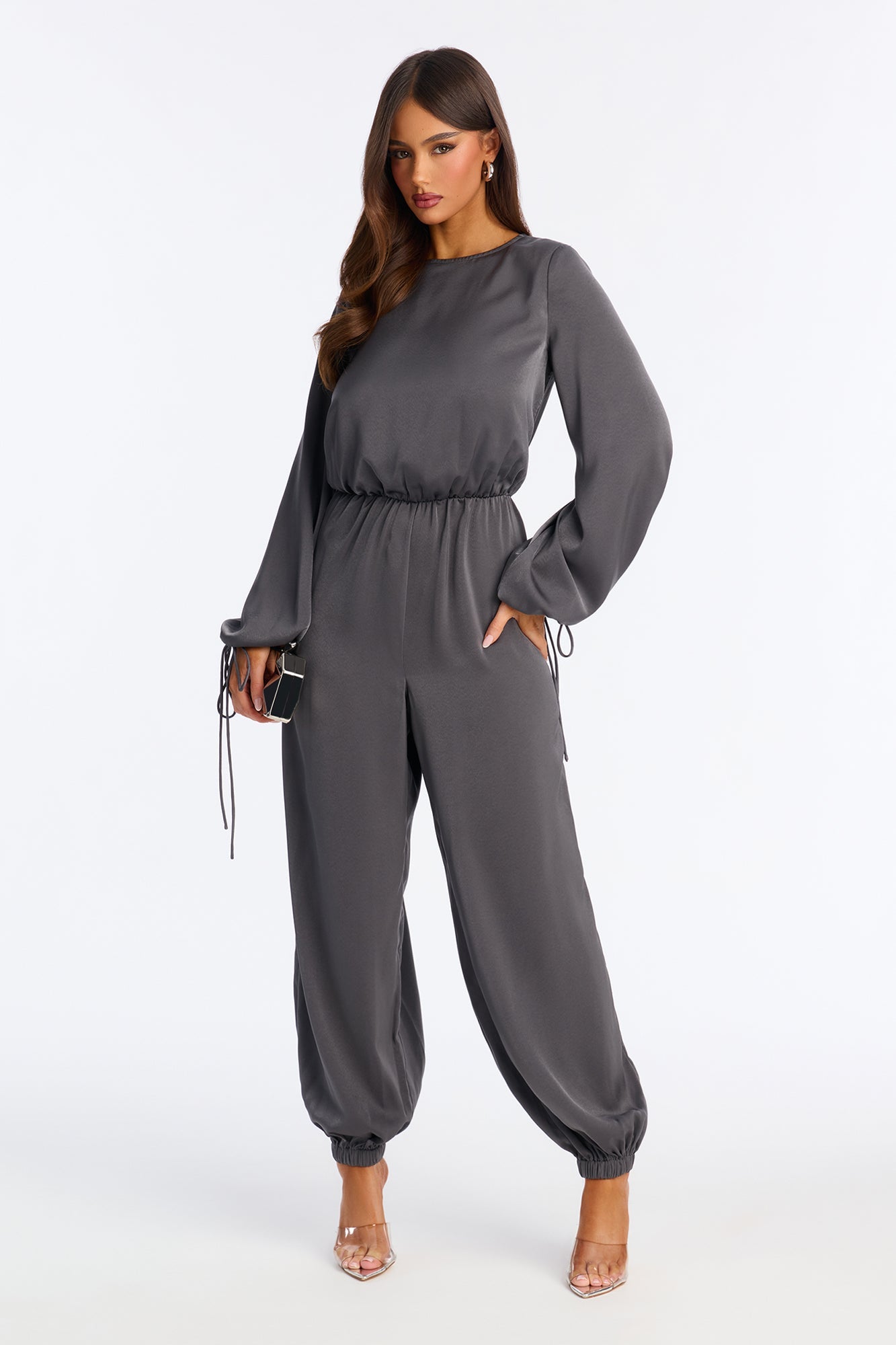Shayla Satin Jogger Jumpsuit - Charcoal