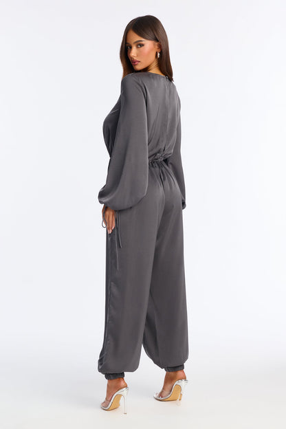 Shayla Satin Jogger Jumpsuit - Charcoal