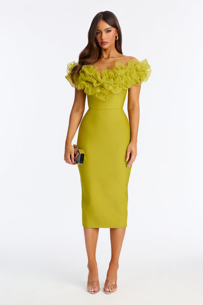 Date Night Ruffle Bandage Midi Dress - Chartreuse