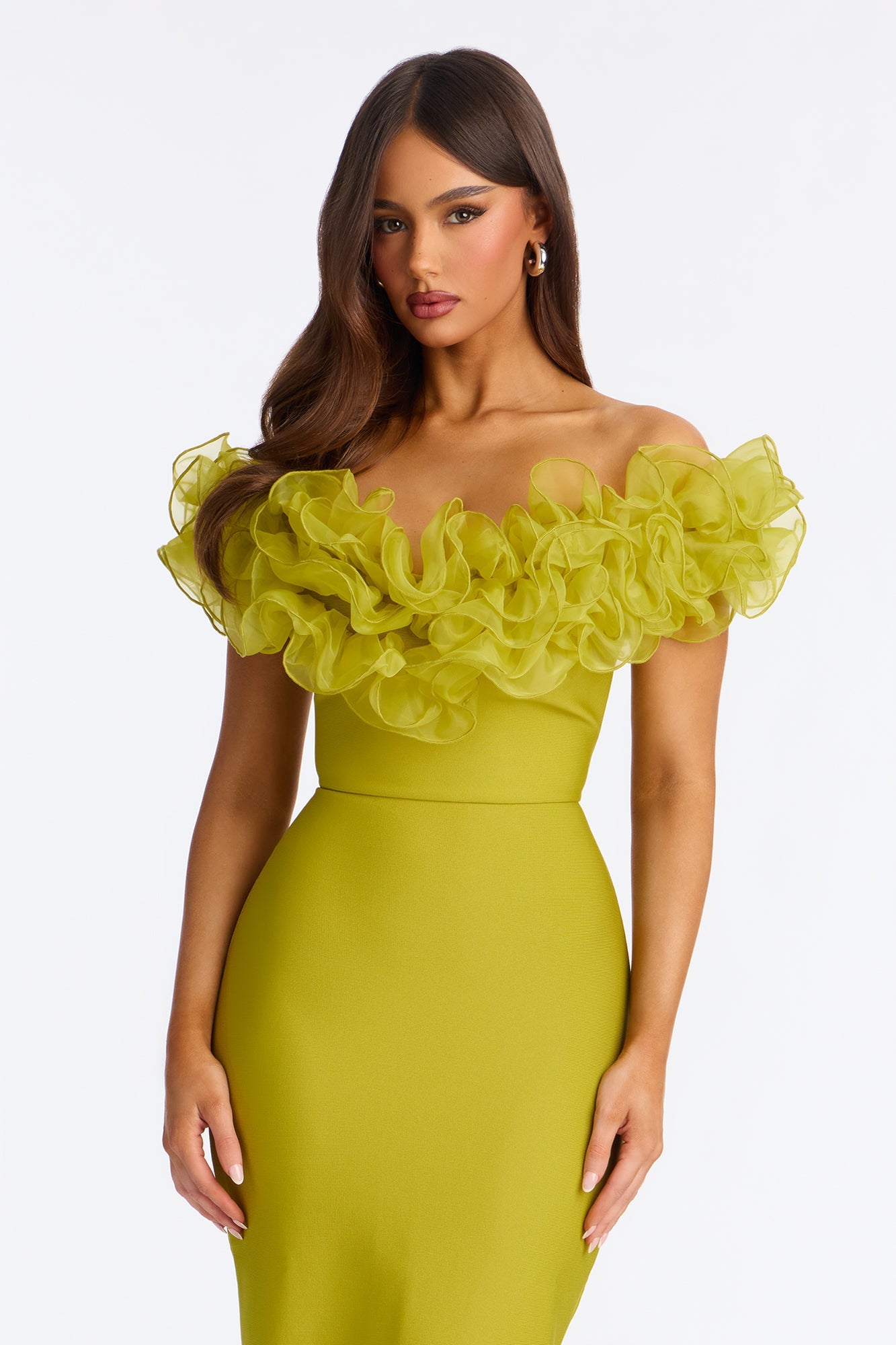 Date Night Ruffle Bandage Midi Dress - Chartreuse