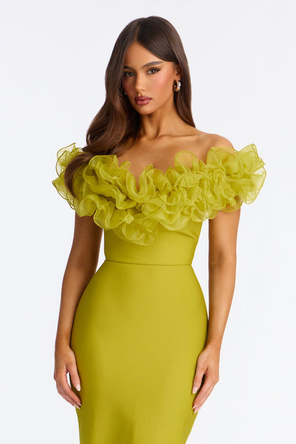 Date Night Ruffle Bandage Midi Dress - Chartreuse