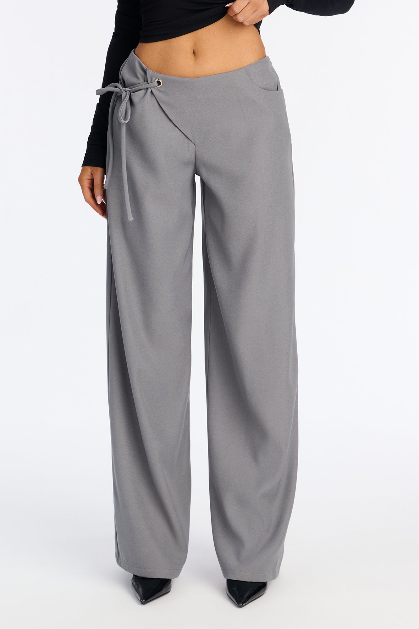 Subtle Slay Crepe Tie Waist Pant 33″ - Grey