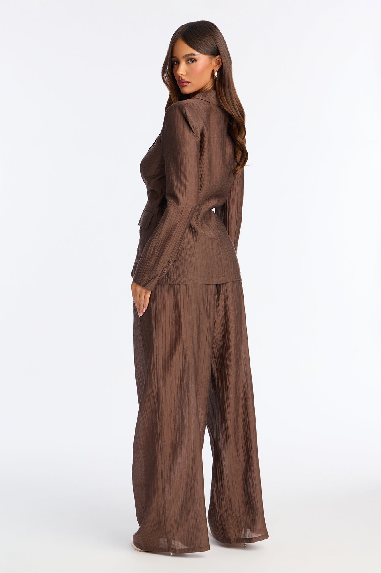 Serenity Sheer Blazer Pant Set - Chocolate