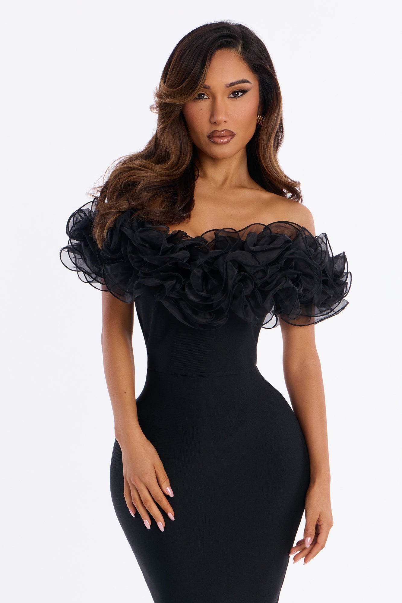 Date Night Ruffle Bandage Midi Dress - Black