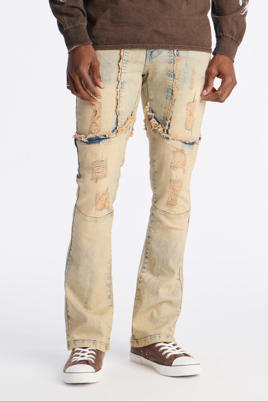 Stacked Skinny Flare Distressed With Frayed Jeans - Vintage Blue Wash