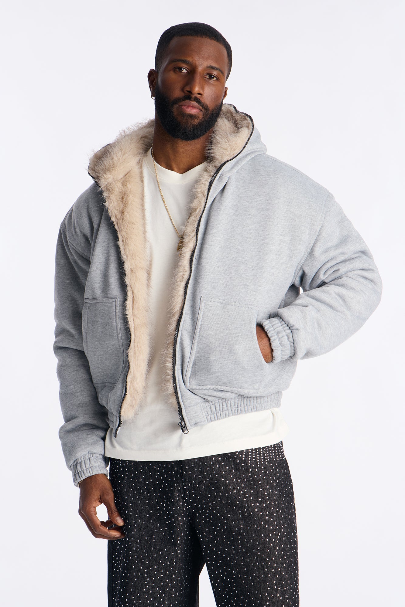 Faux Fur Hooded Zip Up Hoodie - Grey