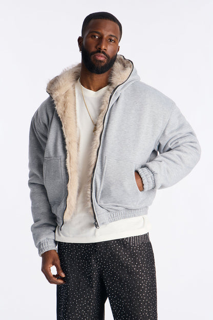 Faux Fur Hooded Zip Up Hoodie - Grey
