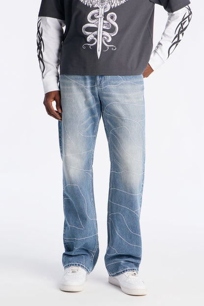 Stacked Slim Flare Powerline Stitched Jean - Medium Blue Wash