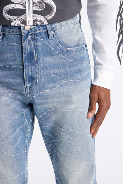 Stacked Slim Flare Powerline Stitched Jean - Medium Blue Wash