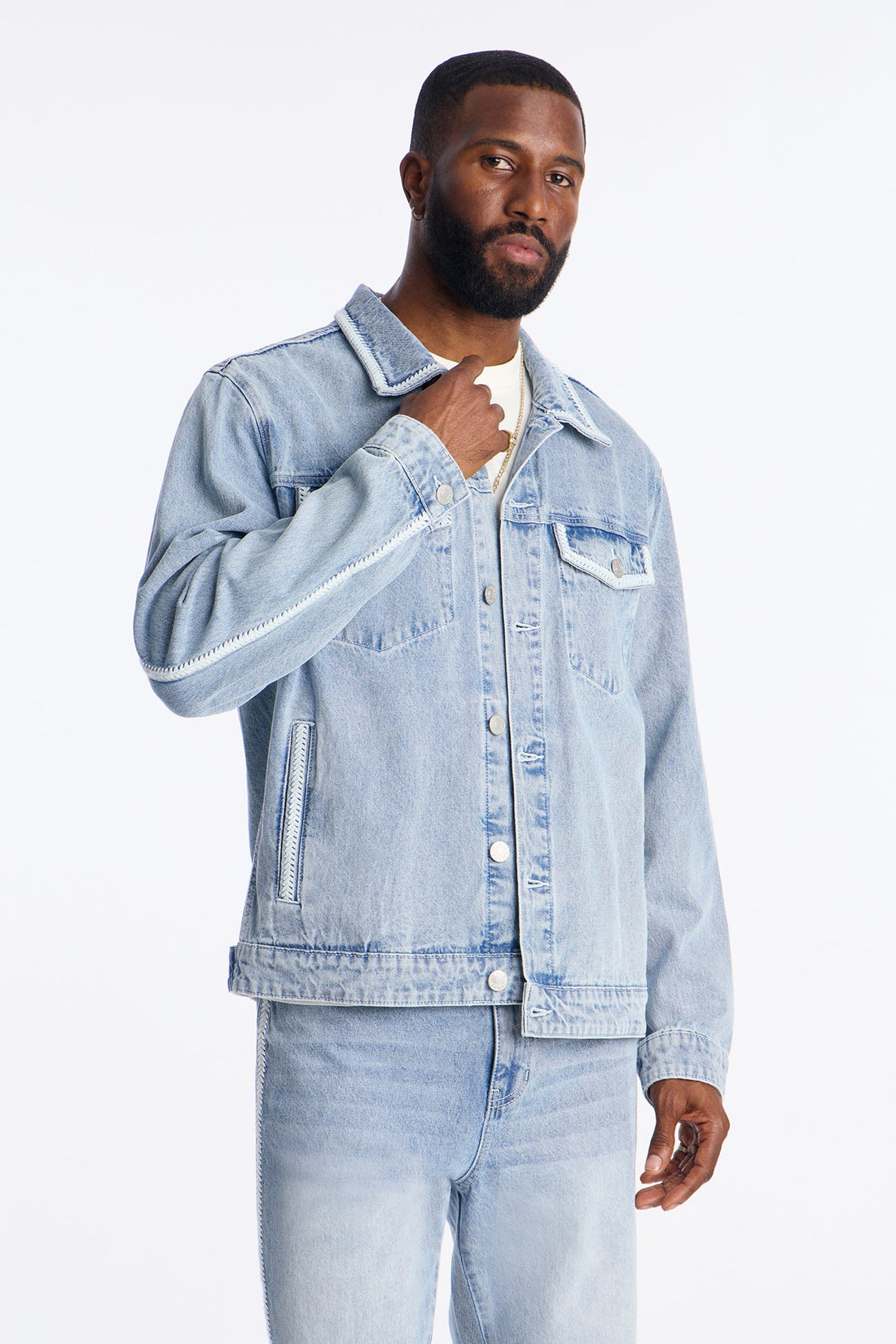 Crochet Denim Trucker Jacket - Light Blue Wash