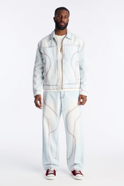 Cropped Thick Thread Denim Work Jacket - Light Wash