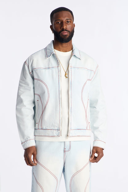 Cropped Thick Thread Denim Work Jacket - Light Wash